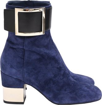 Roger Vivier So Vivier Buckled Ankle Boots in Navy Blue Suede