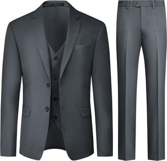 AlltheMen Mens 3 Piece Stretch Business Suits 2 Button Classic Suit Blazer Waistcoat Trousers Dark Grey XXL