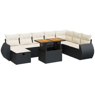 vidaXL Set Sof&aacute;s Jard&iacute;n Y Cojines 9 Pzas Rat&aacute;n Sint&eacute;tico Acacia Negro Vidaxl