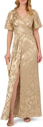 Adrianna Papell Metallic Leaf Jacquard Draped Gown in Champagne/Gold at Nordstrom Rack, Size 4