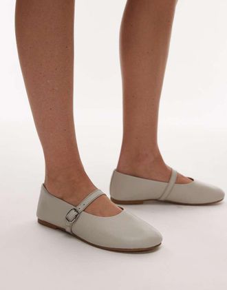 Topshop Ash leather ruched ballet flat shoes with buckle in off-white