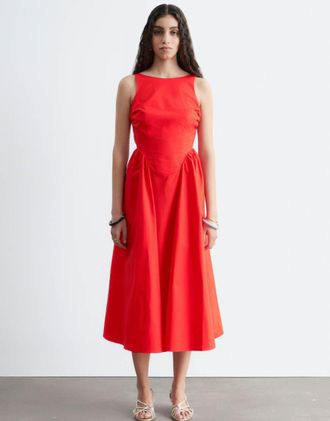 & Other Stories Vestito midi in misto cotone rosso con fondo voluminoso-Arancione