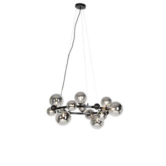 QAZQA Art D&eacute;co L&aacute;mpara Colgante Art Deco Negra Con Cristal Ahumado 12 Luces - David Acero /vidrio Redonda Adecuado Para Led Max. 12 X 28 Watt - Qazqa