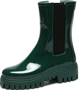 Pangolin Womens Waterproof Chelsea Ankle Wellies, Pull-On PVC Wellington with Elastic Side Panels, Chunky Platform Lug Sole, Anti-Slip Wet Weather Boots Green 
