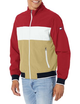 Tommy Hilfiger Mens Yachting Bomber Jacket Windbreaker, Khaki/Red Colorblock, XXL