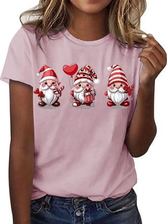 Generic Casual Short Sleeve T Shirts Womens Tops Basic Tee Womens Valentines Day T Shirt Fashionable Round Neck Short Sleeve Red Love Gnome Print Top Womens 3