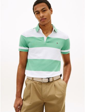 Tommy Hilfiger Mens Slim Fit Rugby-Stripe Polo - Green - XXXL
