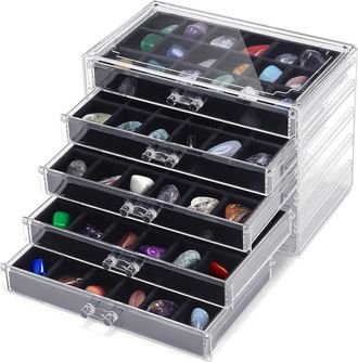 OEM Vitrina Para Colecci&oacute;n De Rocas Con 5 Cajones Y 90 Rejillas Acr&iacute;licas, Caja De Almacenamiento Transparente, Vitrina Para Joyas, Cristales, Piedras Pre