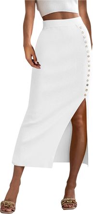 Generic duxyoz Womens High Waisted Maxi Skirt Ribbed Knit Casual Side Button Slit Wrap Pencil Skirts Vintage Elastic Soft Knitted Skirt Ladies Slim Fit Work O