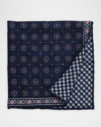 Brunello Cucinelli Mens Double-Face Geometric-Check Silk Pocket Square