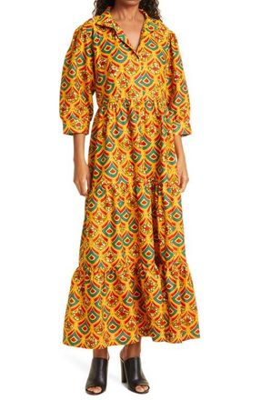 OULA Crown Print Tiered Midi Dress in Golden Red Teal at Nordstrom