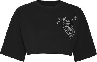 Philipp Plein Roses Cropped Top - Dames - T-shirts - Zwart - XL - Katoen - Tops