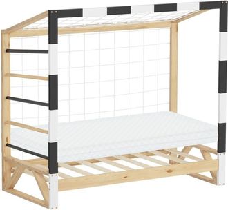 ML Design Letto per Bambini 70x140 cm a Forma di Porta da Calcio con Materasso 10 cm, Struttura in Legno di Pino con Rete a Doghe e Scala, Letto Singolo
