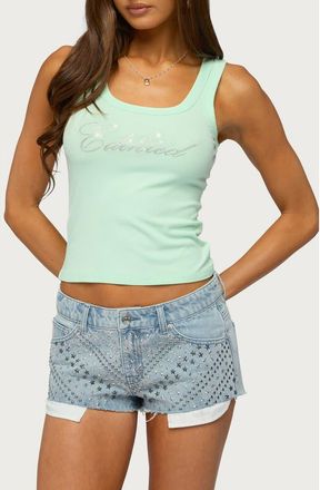Edikted Star Rhinestone Ribbed Tank Top in Mint at Nordstrom, Size X-Small