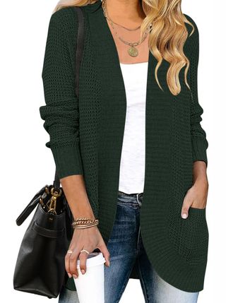 Merokeety Womens Long Sleeve Open Front Cardigans Chunky Knit Draped Sweaters Outwear, Darkgreen, Small