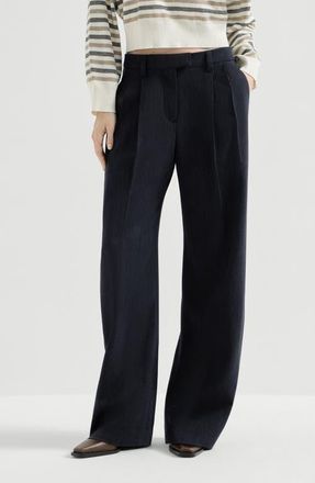 Brunello Cucinelli Cr&ecirc;pe chevron trousers in Navy Blue at Nordstrom, Size 34 It