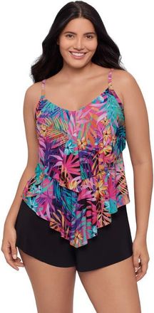 Trimshaper Ronnie 2 Tier Ruffle Tankini Swimsuit Top in Caribbean Palms at Nordstrom, Size 18