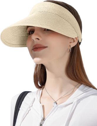 Feoya Women Wide Brim Straw Visor Sun Hat UV Protection Beach Summer Cap Adjustable Ponytail Hole Beach Hat Packable Outdoor Vacation Straw Golf Cap Beige O