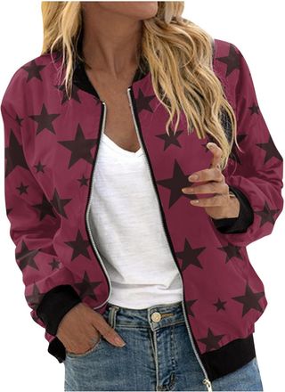 Generic Womens Star Print Bomber Jackets Zip Up Long Sleeve Cute Jacket Lightweight Casual Loose Fit Fall Comfy Coats Wine