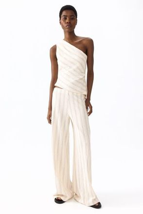 H&M Textured cotton pull-on pants in Cream/striped at Nordstrom, Size Large
