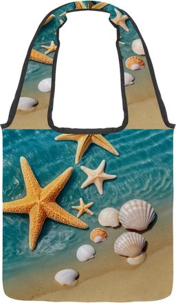 Generic Starfishes Beach Shells Reversible Canvas Shoulder Tote - Double-Sided Print, 12oz Cotton, 27cm Drop, Fold-Flat Bag for Travel, Shopping, Street Outin