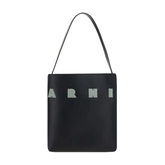 Marni Tote Bags, female, Black, Size: ONE SIZE Iconic Calfskin Shoulder Bag with Flat Strap
