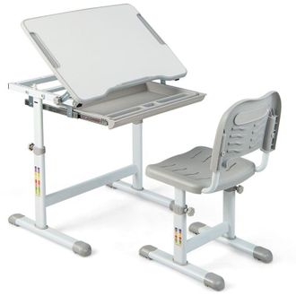 Costway Height Adjustable Kids Study Table and Chair Set with Tilting Tabletop-Grey