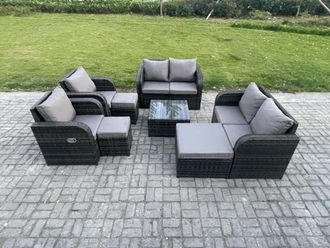 Fimous Garden Furniture Set Rattan Outdoor Lounge Sofa Chair With Tempered Glass Table 3 Footstools Dark Grey Mixed