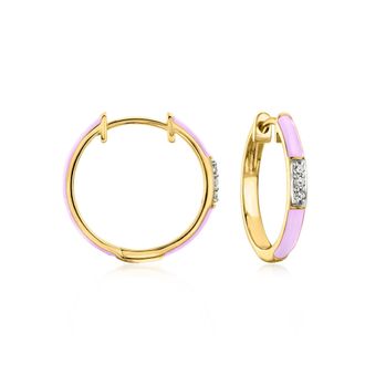 Ross-Simons Pastel Purple Enamel Hoop Earrings With Diamonds in 18kt Gold Over Sterling