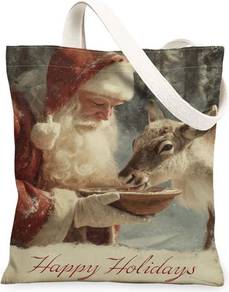 Generic Reindeer Canvas Tote Bags, Vintage Christmas Design Lightweight Washable Grocery Bags, Winter Eco-Friendly Shoulder Strap C, Red, 13x15 Inch