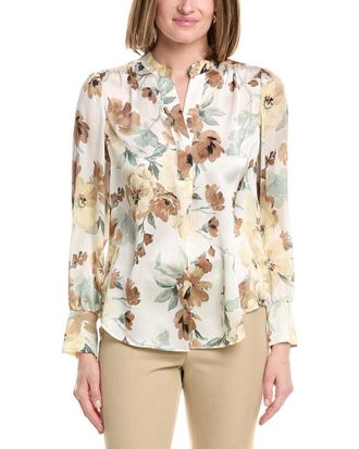 Anne Klein V-Neck Satin Pleat Front Blouse