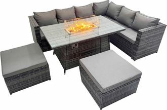 Fimous Garden Rattan Furniture Set 8 Seater Outdoor Corner Sofa Gas Firepit Dining Table Set with 2 Big Stools Dark Grey - Fimous