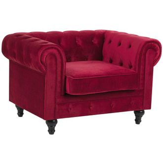 Beliani Sill&oacute;n Chesterfield Tapizado En Tela De Terciopelo Rojo Patas De Madera Oscura Estilo Contempor&aacute;neo Chesterfield