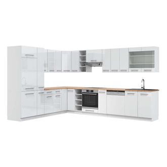 Vicco Cocina Esquinera Fame-line, Blanco Alto Brillo/blanco, 347 X 257 Cm, Et Roble