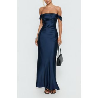Princess Polly Azura Off the Shoulder Satin Gown in Navy at Nordstrom, Size 10