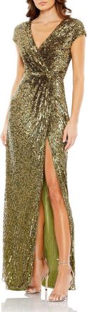 Mac Duggal Sequined Faux Wrap Cap Sleeve Gown in Olive at Nordstrom, Size 16