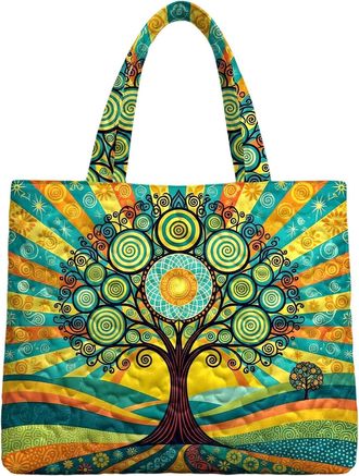 Generic Quilted Tote Bag,Oil Painting - Vintage Expandable Work Reusable Bookish Shoulder Tote Handbag,for Gym Q Abstract Tree