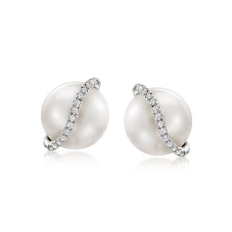 Ross-Simons 8-8.5mm Cultured Pearl and Diamond Swirl Earrings in Sterling Silver