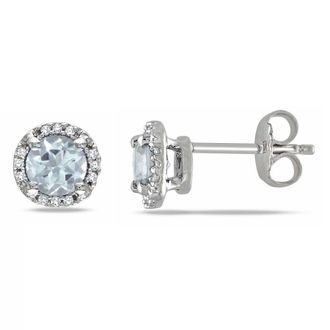 Amour Aquamarine and Diamond Halo Stud Earrings In Sterling Silver