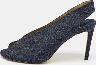 Jimmy Choo London Navy Blue Denim Shar Peep Toe Slingback Pumps