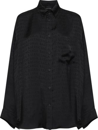 Balenciaga Shirts, female, Black, Size: 2XS Logo Jacquard Satin Shirt
