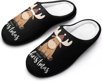 Generic Merry Christmas Moose Mens House Slippers Memory Foam Washable Cotton Slip on Home Shoes