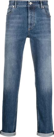 Brunello Cucinelli Logo Embroidery Stretch Jeans - Heren - Slim Fit Jeans - Blauw - XL - Katoen - Jeans