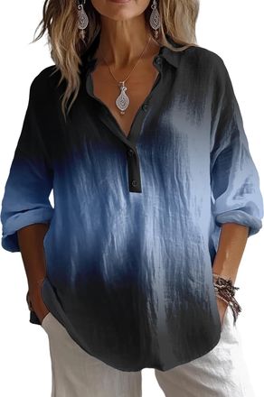 Generic Womens Gradient Long Sleeve Button Down Shirt, Boho Summer Blouse, Relaxed Fit (UK, Alpha, XXL, Regular, Regular, 12)