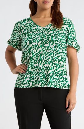 Anne Klein Ruffle V-Neck Top in Tropical Green Multi at Nordstrom, Size 0 X
