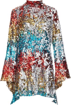 Halpern Flip Sequin multicolor flare drape hem mini dress