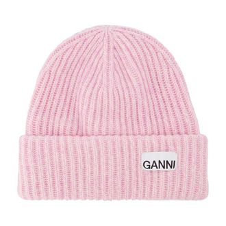 Ganni Cappello di berretto a coste in lana riciclata rosa/poli