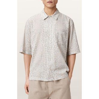 AllSaints Cruz Leopard Print Linen & Cotton Button-Up Shirt in Candy Yellow at Nordstrom, Size Xx-Large