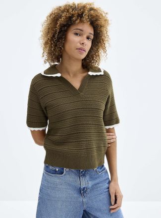 Contemporaine Womens Scalloped Johnny collar openwork sweater