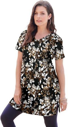 Roaman's Plus Size Ultimate Cotton V-Neck Short Sleeve Tunic in Black Neutral Garden at Nordstrom, Size 3X